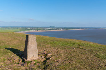 Trig point view to Brean beach Somerset England UKの写真素材