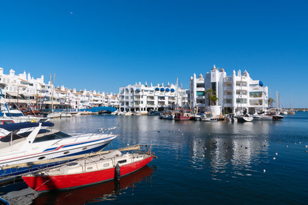 Benalmadena Marina with sailing boats and yachts and beautiful blue sky and sea Benalmadena, Spain on Thursday 2nd March 2023のeditorial素材