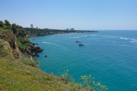 Antalya coast Turkey view with boats and Mediterranean seaの写真素材