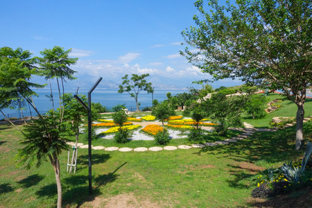 Coast walk view Antalya Turkey of flower gardens in summerの写真素材
