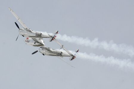 BUDAPEST, HUNGARY - MAY 1: P38 Lightning flying as part of the air show on May 1 celebration of...