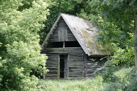 Romantic old wooden house in forestの写真素材