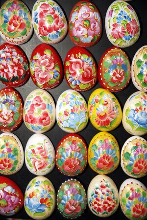 BUDAPEST, HUNGARY - MARCH 4, 2016: Handmade colorful easter eggs for sale as a festive symbol at...