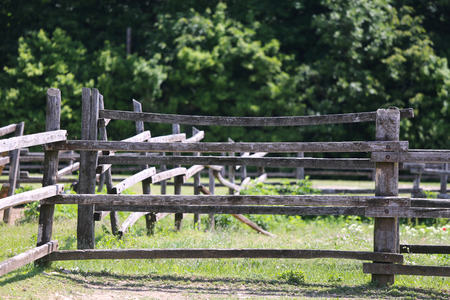 Very old wooden corral fence at summertime rural scene. Shallow depth of fieldの写真素材