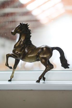 Silhouette of a sport horse in natural lighting at unknown riding hall as a backgroundの写真素材