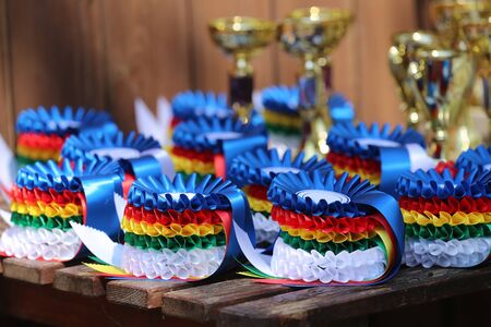 Group of horse riding equestrian sport trophies badges rosettes at equestrian event