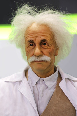 BUDAPEST, HUNGARY - October 06, 2019: Made wax head of Albert Einstein, physicist, chemist and mathematician, International Fair Centreのeditorial素材
