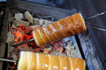 Traditional hungarian sweet spit cake name is kÃ¼rtÃ¶s kalÃ¡cs or kurtosの写真素材