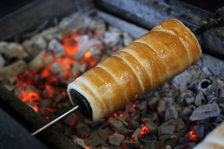 Traditional hungarian sweet spit cake name is kÃ¼rtÃ¶s kalÃ¡cs or kurtosの写真素材