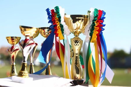 Group of horse riding equestrian sport trophies awards at equestrian racehorse event at summertimeの写真素材