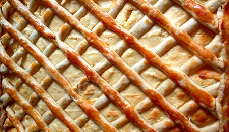 Sweet curd cheesecake by my dear mother in baking sheet on  checkered tablecloth