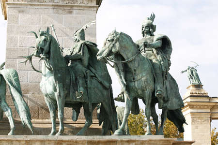 Budapest, Hungary 11.02.2021: Equestrian statues of Seven Hungarian Chieftains Leaders on Heroes...