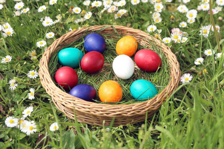 Closeup of colorful eggs in beautiful spring meadow on easter holiday outdoors in green...