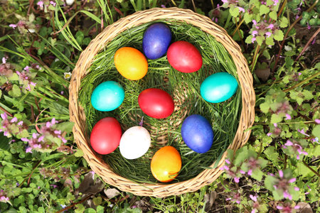 Closeup of colorful eggs in beautiful spring meadow on easter holiday outdoors in green...