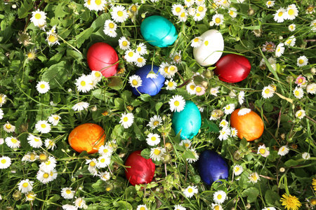 Closeup of colorful eggs in beautiful spring meadow on easter holiday outdoors in green...