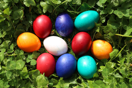 Closeup of colorful eggs in beautiful spring meadow on easter holiday outdoors in green...