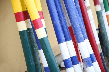 Show jumping poles obstacles, barriers, waiting for riders on show jumping training. Horse obstacle...