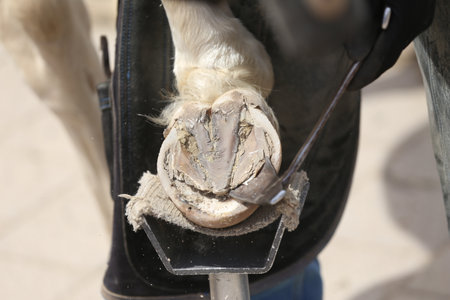 Farrier fits the horseshoe on the horse's hoof. Equestrian life outdoors at animal farm. Blacksmith on the ranch putting horse shoes on a horseの写真素材