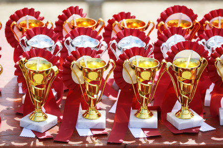 Award trophies waiting for competitors after amateur equestrian championship in row. Golden silver and bronze prizes for winners at an outdoor sport event. Colorful sport trophy backgroundの写真素材