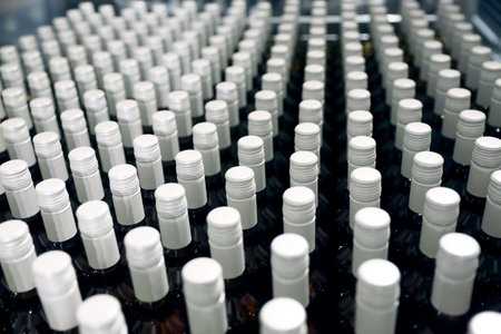 Bottles in a row at wine cellar. Stacked up wine bottles in the cellar. Shallow DOFの写真素材