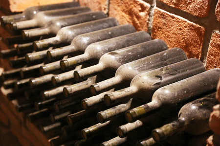 Wine bottles in a rural cellar. Vineyard background. Shallow dof
