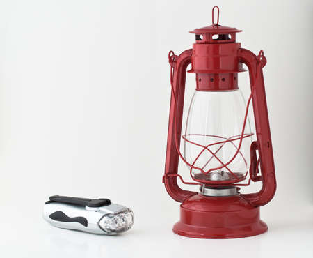 Emergency or power outage kit: kerosene lantern and a flashlightの写真素材