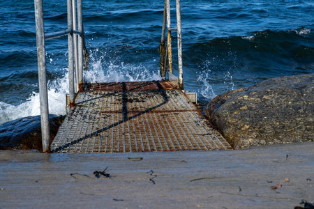 A steel platform for scuba divers. Blue ocean in the background. Picture from Malmo, southern Swedenの写真素材
