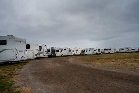 June 24, 2021 - Borgholm, Sweden: Camper vans at a camping site. Domestic travel has increased due...