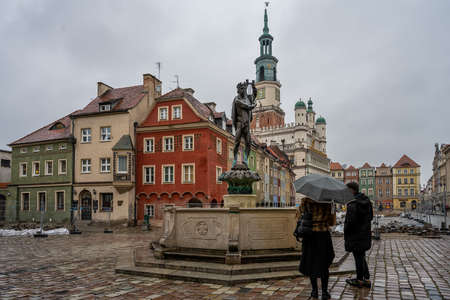 January 4, 2021 - Poznan, Poland: The Fountain of Apollo - one of the four fountains on the old renaissance market in Poznanのeditorial素材