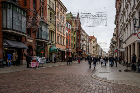 January 2, 2021 - Torun, Poland: The main pedestrian street in the old town. This is a historical city on the Vistula River in north-central Poland and a UNESCO World Heritage Siteのeditorial素材