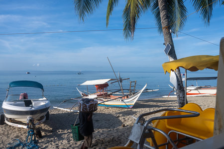 A tropical beach with palm trees, white sand, blue sky, and traditional fishing boats on the shore. Amazing beach scene vacation and summer holiday concept. Luxury travelの写真素材
