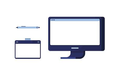 Set icon vector illustration pc computer with graphic tablet and brush for drawing. Set for creativity. Painting, drawing. Blue On white background. Eps 10のイラスト素材