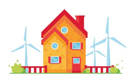 Vector illustration of an environmentally friendly house. Windy tower. Wind Energy. Caring for nature. Eco, Ecology generator. Red and yellow. Green nature. On white background. Eps 10のイラスト素材