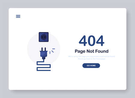404 error page not found banner. Cable and socket. Cord plug. System error, broken page....
