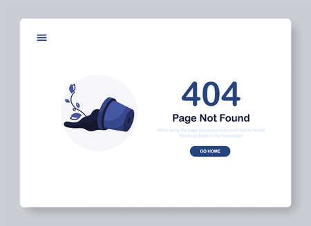404 error page not found. Go to home banner. System error, broken page. Shattered pot with flower and soil.のイラスト素材