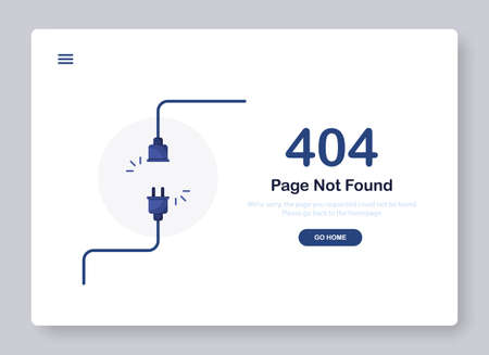 404 error page not found banner. Cable and socket. Cord plug. System error, broken page....