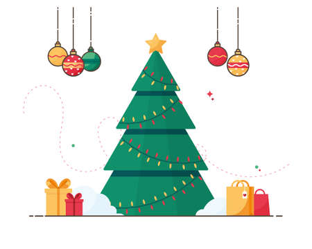 Christmas tree with garlands. Colorful close gift and shopping bag. Christmas ornament, balls, toy. Eve of the New Year. Postcard for xmas. Winter holidays. 2021. Eps 10のイラスト素材