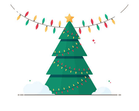 Christmas tree with colorful garlands and shining star. Eve of the New Year. Decorated Pine tree. Postcard for xmas. Winter holidays. December event. 2021. Green. Eps 10のイラスト素材