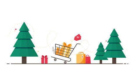 Colorful postcard for winter holidays with pine trees and presents. Sale for Merry Christmas, New Year, xmas. Shopping cart with gifts. December event. Christmas eve. On white background. Eps 10のイラスト素材