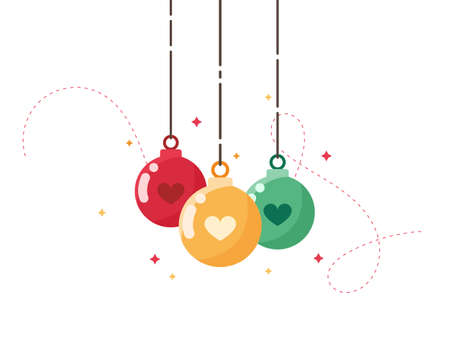 Colorful Christmas ornaments 2021. Hanging New Year balls with heart. Decorative toys for a postcard. Symbol of Xmas holiday celebration, winter. Flat design for card. On white background.のイラスト素材