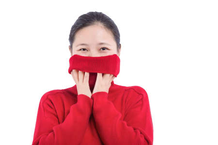 Happy surprised excited woman covering with hands her mouth with blank copyspace,Closeup portrait beautiful Asian woman,Thai girl,Positive human emotion facial expression,isolated on white backgroundの写真素材