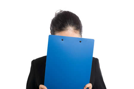 Portrait charming beautiful secretary woman: Attractive girl acts like a look some brands, product,...