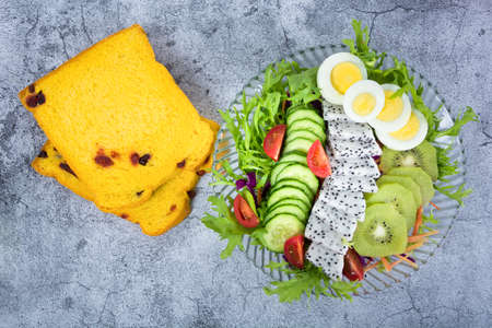 healthy breakfast with text space top view