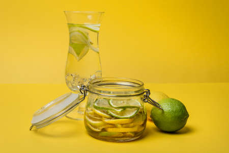 Water with lemon and honey. Best start of the day. Healthy drink.. Front view. Horizontalの写真素材