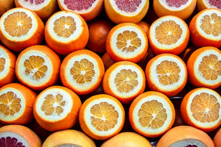 FRESH ORANGE AND GRAPEFRUITS ON SALEの写真素材