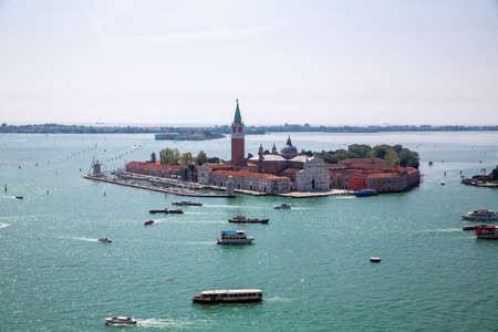 Island and Church of San Giorgio Maggiore, Heavy ship, boat and Vaporetto traffic in Venetian Lagoon as seen from St. Mark's Campanile, Venice, Italyのeditorial素材