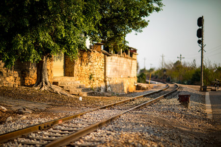 Railway tracks and trees in the background, selective focus, vintage toneの写真素材