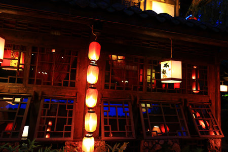 Lanterns in a Chinese house, closeup of photoの写真素材