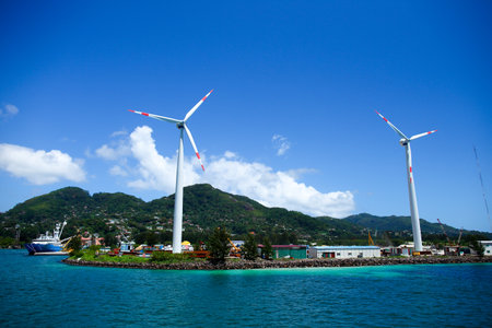 Wind turbines in the harbor of Koh Samui island, Thailand.の写真素材