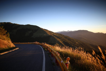 Mountain road in the evening, closeup of photo, Chinaの写真素材